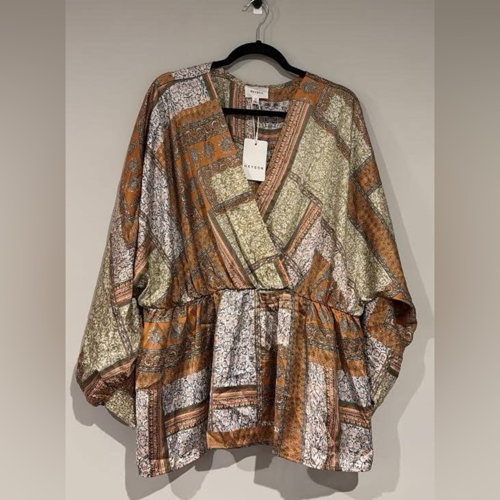 Heyson Printed V-Neck Peasant Blouse in Olive Green & Rust boho western vibes
